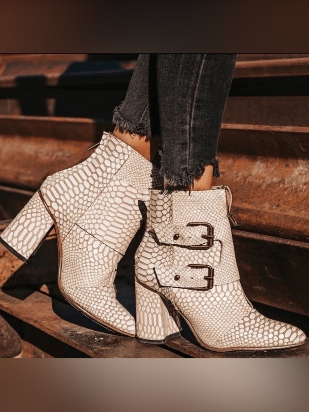 freebird White Snakeskin-Print Buckle Ankle Boots